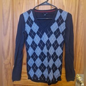 Black and Gray Argyle V-Neck Sweater